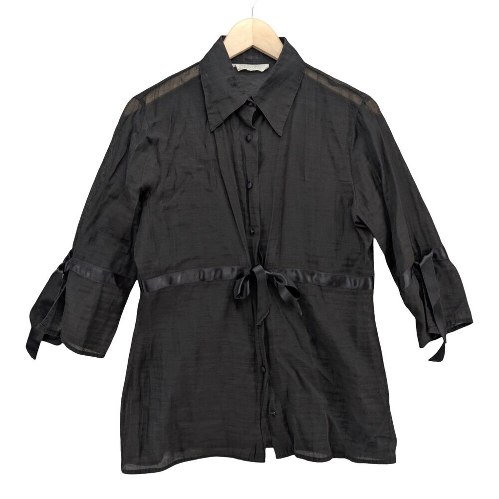 Rayure Sheer Blouse Womens Black 3/4 Sleeve Button Front Tie Waist Collared Sz S